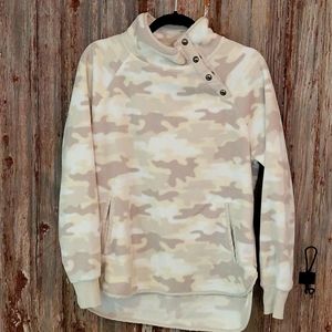 Tan camo sweater with button up neck and pockets